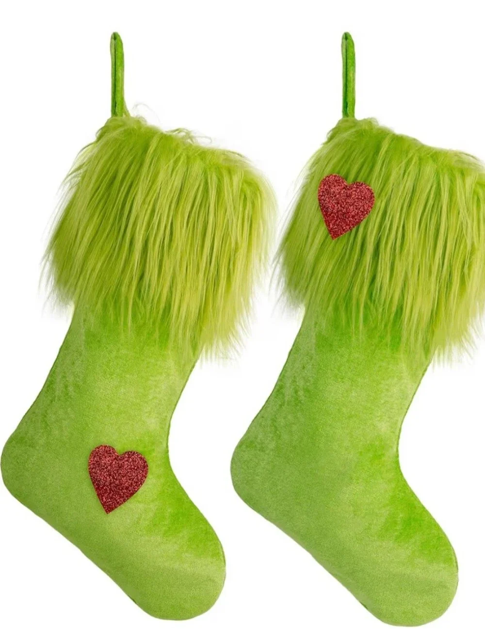 Lime Green Furry Holiday Stocking with Red Heart. Set of 2. NWOT.